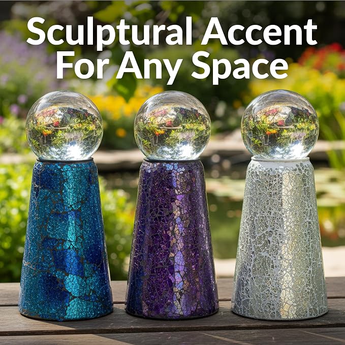 Sunnydaze Glass Gazing Ball Stand for Outdoors, Mirrored Diamond | Outdoor Mosaic Sphere Holder & Pedestal for Backyard or Patio Decoration, 11" Tall Gazing Globe Stand, Fits 10-12 in Balls