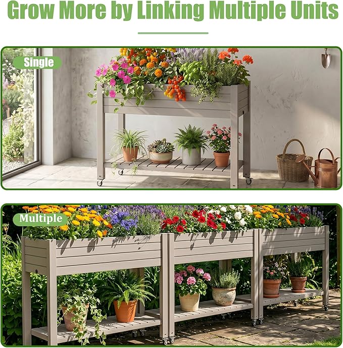 EFU Raised Garden Beds Outdoor, with Wheels for Mobility, Extra Storage Shelf, Water Level Monitoring, 21 Gallon Planter Raised Beds for Vegetables, Herbs, Fruits, Backyard, Patio, Balcony (Grey)