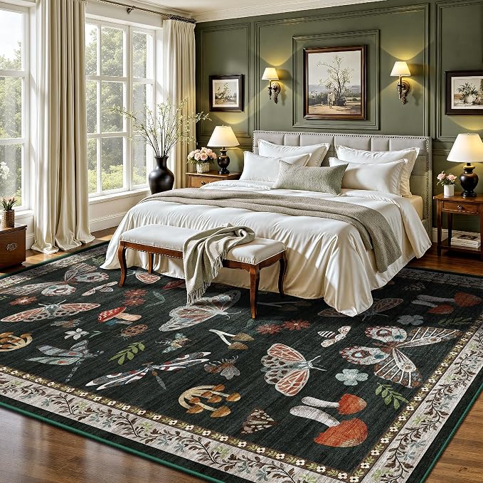Area Rug 5x7, Insect Ultra Soft Washable Rug Non Slip with Rubber Back, Stain Resistant Rugs for Living Room, Bedroom, Dining Room(Black Butterfly)