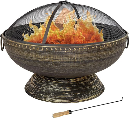 Sunnydaze 30-Inch Large Outdoor Fire Pit - Wood Burning Fire Pit for Outside with Poker and Screen - Black Finish - Regal Cauldron
