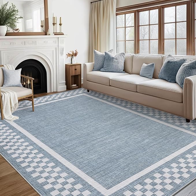 GarveeHome Washable Area Rugs 10x13 Non Slip Soft Large Living Room Rug | Modern Checkered Bedroom Rug Soft Geometric Bordered Throw Carpet for Dining Room Home Decor Office Nursery, Blue