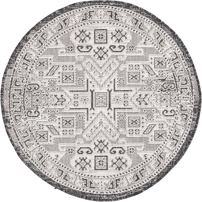 Unique Loom Outdoor Aztec Collection Area Rug - Coba (3' 3" Round, Charcoal Gray/ Ivory)