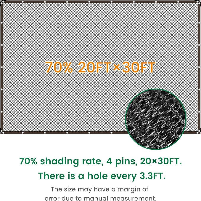 70% 20 X 30 FT Black Shade Cloth, Outdoor Sunblock Shade Cloth with Grommets, Durable Sun Shade Netting Shading Antifreezing for Patio, Garden, Plants Cover, Greenhouse, Barns, Dog Kennel