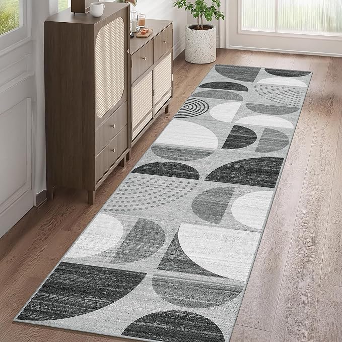 Runner Rug Washable,2x8 Area Rugs Non Slip Modern Abstract Boho | Long Throw Carpet for Hallways Kitchen Bedroom Entryway Bathroom Laundry Soft Low Pile Floor Indoor Bohemian Black and Grey