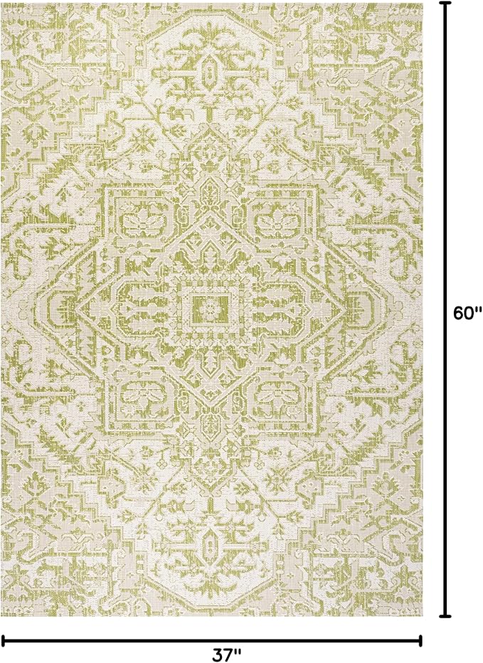 JONATHAN Y Boho Medallion Indoor Outdoor Area Rug 3X5 Cream/Green, Estrella Textured Weave for Backyard, Patio, Porch, Easy-Cleaning, High Traffic, Pet-Friendly, Non-Shedding (SMB105E-3)