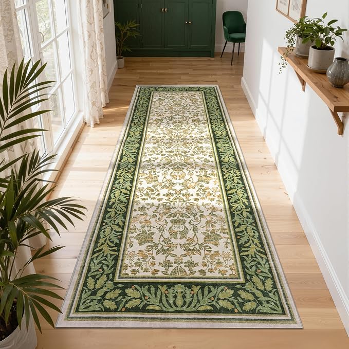 GarveeHome 2x6 Runner Rug Non Slip Washable Runners for Hallway Light Green | Boho Vintage Runner Rugs with Rubber Backing Soft Low-Pile Stain Resistant Indoor Long Carpet for Kitchen Entryway Bedroom