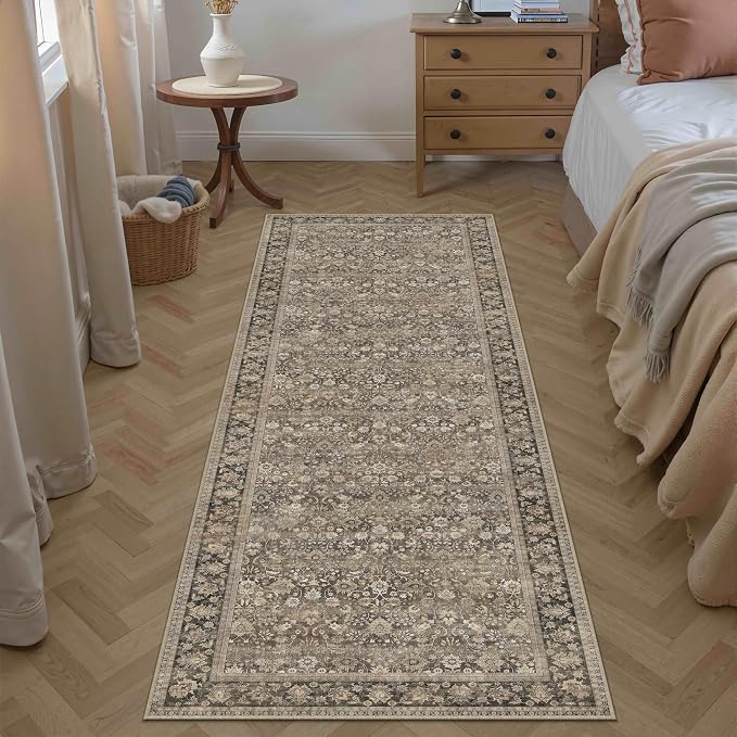 HUGEAR 2x6 Runner Rug Machine Washable Brown Hallway Area Rugs Indoor Accent Rugs Floral Low Pile Carpet Distressed Throw Rug Bedroom Living Room Office Dining Kitchen Laundry Non Slip