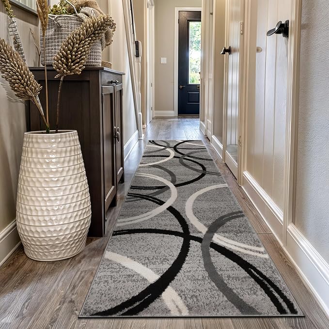 Rugshop Wavy Circles Jute Backing Living Room Runner Rug Gray 2'7" x 10' | Rectangular, Size 2'7" x 10', Bedroom, Dining Room, Home Office, Kitchen, Entryway, Hallway, Nursery, Kids Room, Guest Room