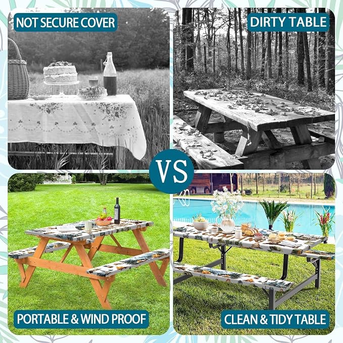 Picnic Table Cover with Bench Covers Camping Tablecloth Fitted Picnic Picnic Table Cover with Elastic Windproof Waterproof, Outdoor & Garden Camping Accessories Essentials 96In 3PCS