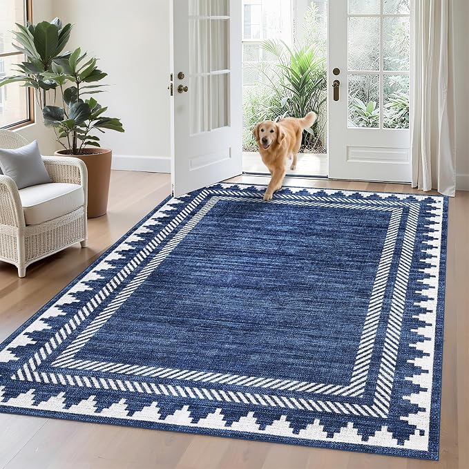 GarveeHome Washable Rug 5x7 Unique Bordered Geometric Rug for Living Room,Modern Neutral Carpet with Non Slip TPR Backing, Soft Non Shedding Floor Covering, Low Pile Foldable Mat for Nursery,Blue