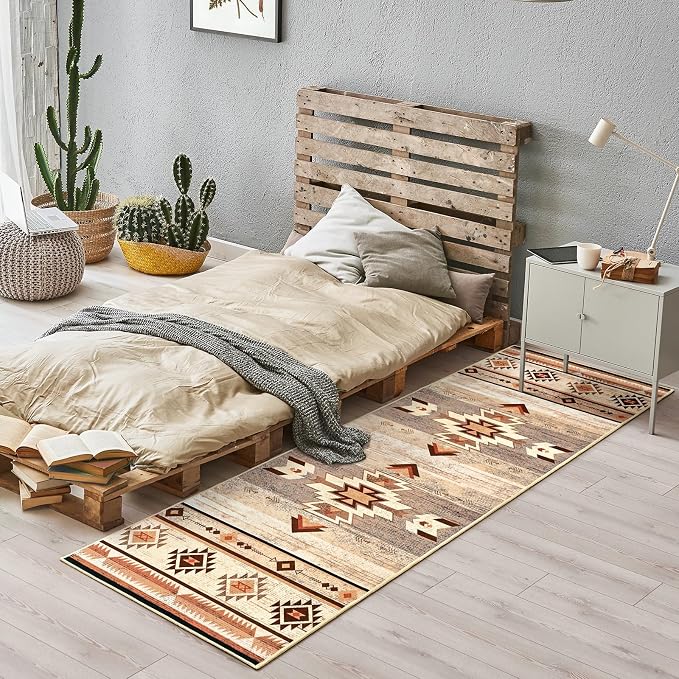 BENRON Western Hallway Runner Rug 2x8, Long Runners for Kitchen, Warm Beige | Southwest aztec Rug, Accent and Tribal Throw Rugs for Bedroom, Washable