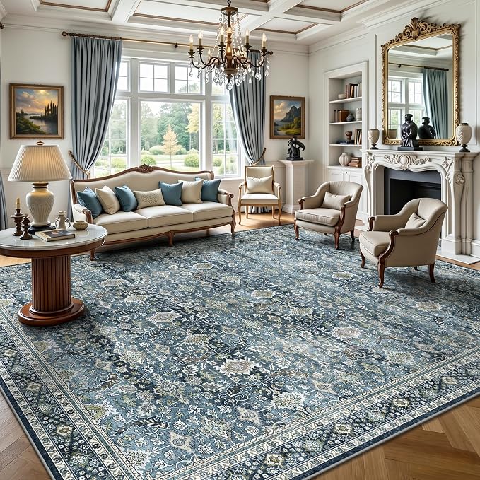 8x10 Area Rugs for Living Room - Washable Vintage Retro Large Rug, Soft Ultra Thin Non Slip Low Pile Traditional Distressed Boho Carpet for Bedroom Dining Room Home Office, Blue