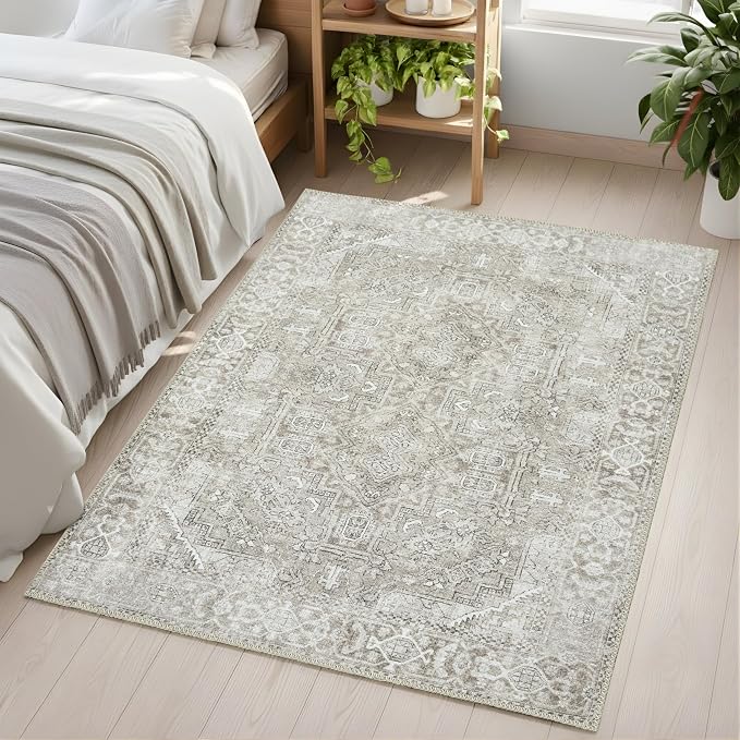 Sacred Artisans Farmhouse 3x5 Area Rug for Entry, Kitchen, Mudroom and Foyer | Washable, Pet Friendly, Durable and Low Pile (Stone, 3' x 5')