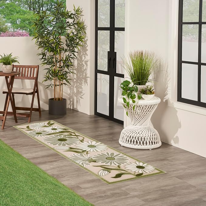 Nourison Home Aloha Ivory Green 2'3" x 8' Area Rug - Easy Clean, Non Shedding, Bed Room, Living Room, Dining Room, Kitchen (8' Runner)