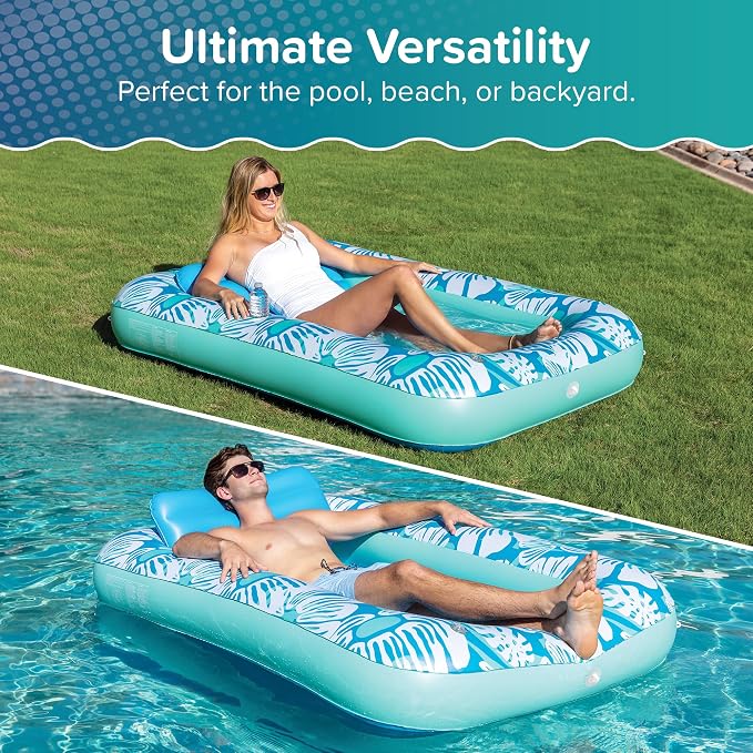 Aqua Inflatable Tanning Pool Lounger, Premium Pool Float with Cupholders and Removeable Pillow for Relaxation and Fun