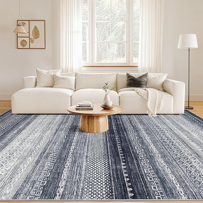 Nakagishi Boho 8x10 Area Rug Living Room Rugs Machine Washable Blue | Soft, Pet & Kid Friendly, Carpet for Living Room/Bedroom/Office/Kitchen/Nursery, Daily Home Decor Stain Resistant Moroccan