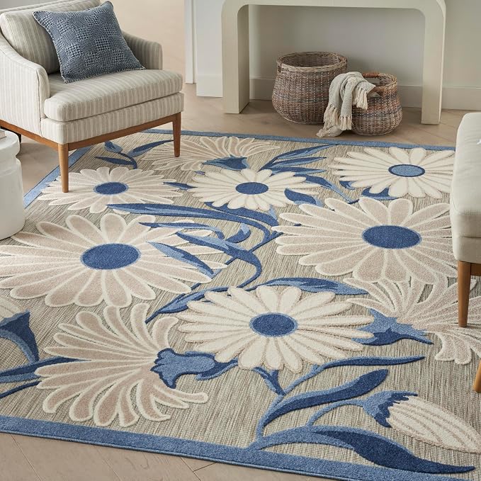 Nourison Home Aloha Blue Grey 6' x 9' Area Rug - Easy Clean, Non Shedding, Bed Room, Living Room, Dining Room, Kitchen (6' x 9')