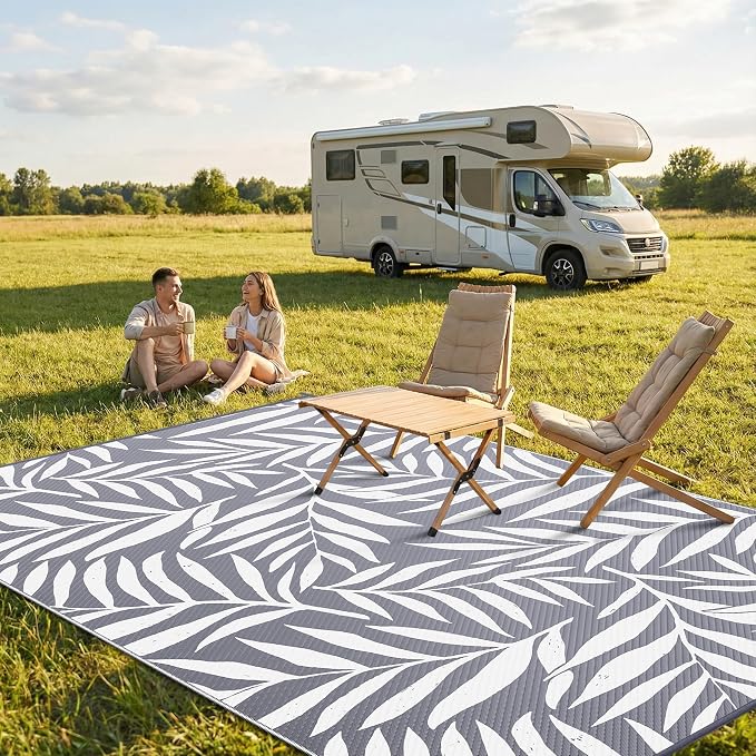 Smiry Outdoor Rug 9x12 ft, Waterproof Reversible Plastic Straw Rugs, Outdoor Area Rug with Leaf Pattern, Outside Floor Mat for Patio, Backyard, Deck, Picnic, Beach, Camping, Grey & White