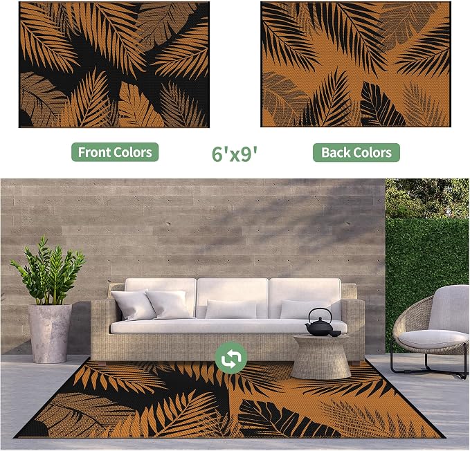 GENIMO Outdoor Rug 6' x 9' Waterproof for Patios Clearance, Reversible Outdoor Plastic Straw Camping Rug Carpet, Large Area Rugs Mats for RV, Camper, Deck, Balcony, Porch, Beach, Picnic, Orange&Black
