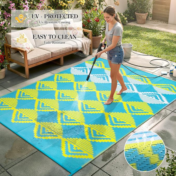 Beeiva Waterproof Outdoor Rug 6x9 for Camping, Balcony & RV, Reversible Plastic Straw Outdoor Mat Blue Yellow