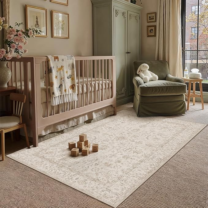 3x5 Beige Neutral Entryway Area Rug | Washable, Low Pile, Accent, Vintage, Soft, Non Slip, Small Mat for Bathroom Entrance Bedroom Indoor Home Decor