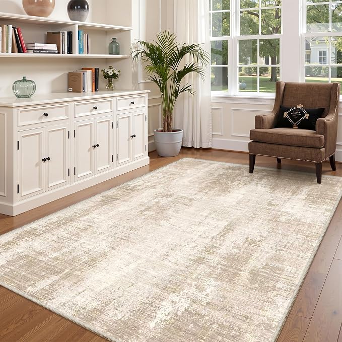 Valenrug Washable Rugs 5x7, Non Slip Large Area Rugs for Living Room, Beige | Soft & Lighweight, Folable, Stain Resistant Low Pile Thin Indoor Distressed Carpet Rugs for Bedroom,Dining Room,Kitchen