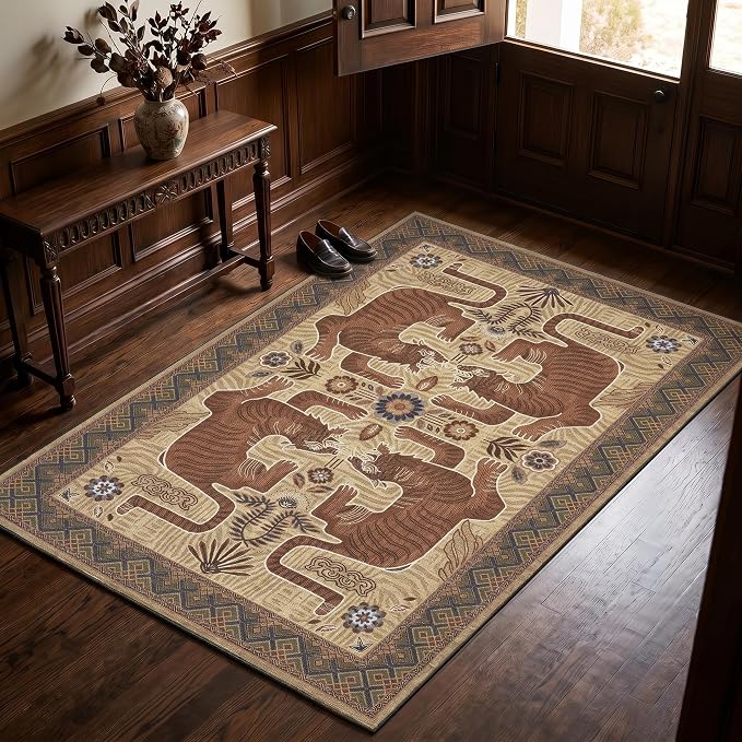 GarveeHome 3x5 Tiger Washable Rug Entryway Boho Bedroom Non Slip Vintage | Camel Rug Low Pile Tribal Carpet Stain Resistant Throw Rug for Kitchen Dorm Kidss Room Office Dining Room