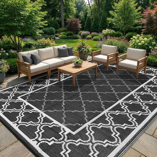 Garvee Reversible Outdoor Rug 9x12, Waterproof Outdoor Plastic Straw Rug with Interlacing Pattern, RV Mat for Picnics, Patio, Camping, Balcony, Deck, Backyard, Porch, Black