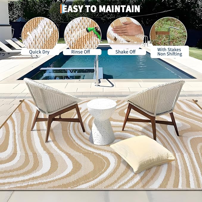 Garvee 10x14 Modern Large Outdoor Rug, Waterproof Rug for Camping, Reversible Plastic Straw Rugs UV Resistant Abstract Carpet for Picnic Backyard Deck Balcony Porch Beach Trailer, Light Brown