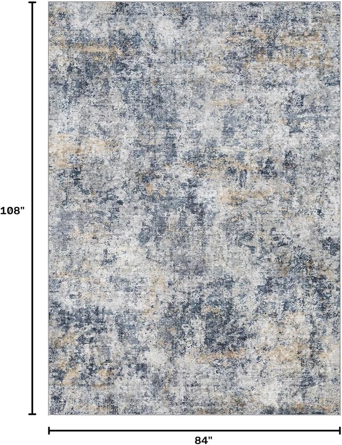 Tortania Washable 7x9 Area Rug for Living Room: Modern Abstract Neutral Large Soft Thin Rugs - Non Slip Indoor Carpet for Bedroom Dining Room Office Nursery Home Floor Decoration - Blue Grey