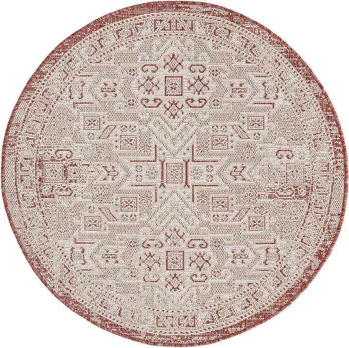 Unique Loom Outdoor Aztec Collection Area Rug - Coba (4' 1" Round, Rust Red/ Ivory)