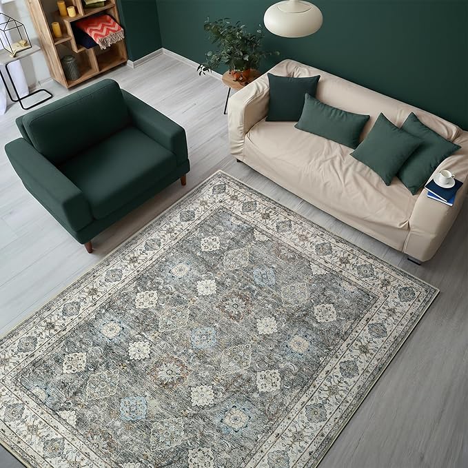Keen Home Design Vintage Washable Area Rug, Non-Slip Low Pile, 5x7 | Machine Washable Cotton Chenille, 0.25In Low Pile, Rubber Non-Slip Back; Living Room, Bedroom, Dining Room, Office
