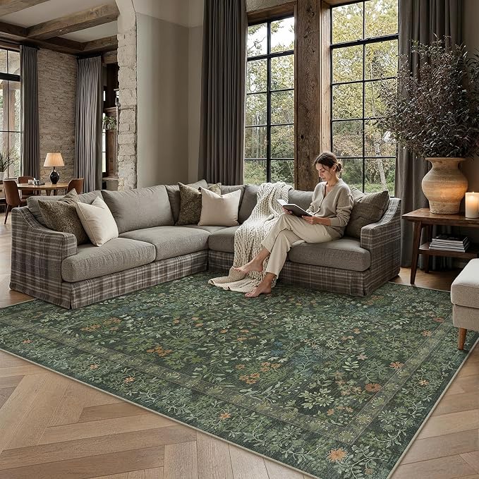 5x7 Dark Green Floral Area Rug Vintage Farmhouse Style | Washable, Non Slip, Soft Low Pile, Carpet for Bedroom, Living Room, Dorm Room, Nursery, Botanical Decor