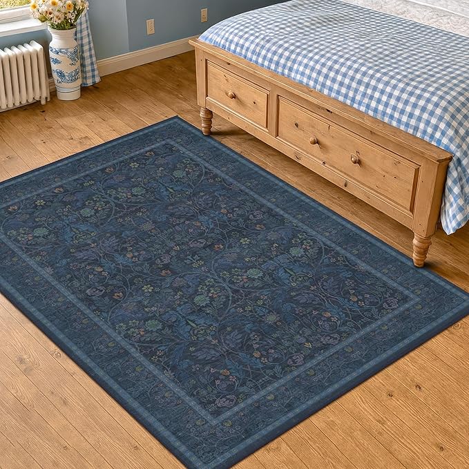 Dark Blue 5x8 Boho Living Room Rug - Small Washable Rugs for Dining Room, Non Skid & Low Pile Soft Carpet for Bedroom Under Bed, Nature Botanical Pattern Mats