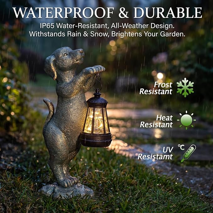 Solar Dog Garden Statue - Puppy Holding Lantern Outdoor Decor, Waterproof Resin Yard Art Figurine with Warm LED Light for Lawn, Patio, Porch & Pathway, Perfect Housewarming Gift for Dog Lovers