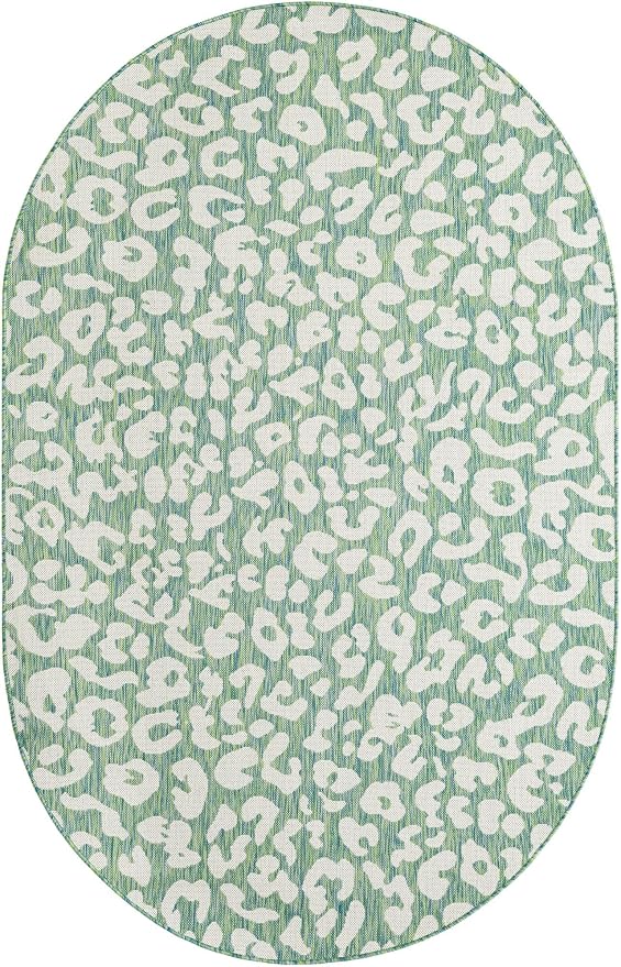 Unique Loom Outdoor Safari Collection Area Rug - Leopard (5' 3" x 8' Oval Green Blue/Ivory)