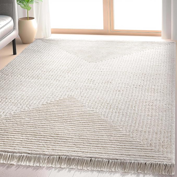 Well Woven Allie Ivory Squares Geometric Area Rug 5x7 (5'3" x 7'3") - Soft High-Low Texture for Living Room, Bedroom & Dining Spaces