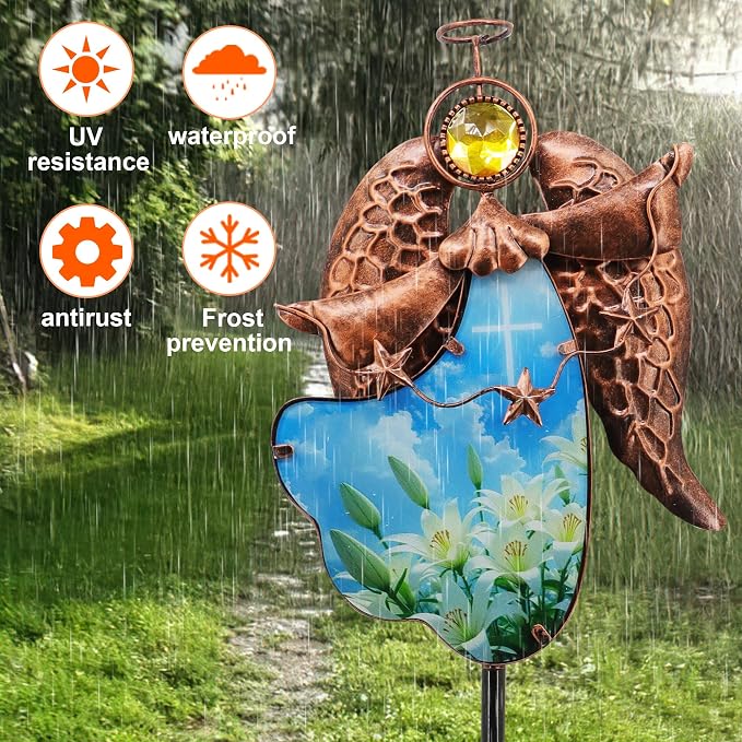 Solar Angel Garden Stake Light 32in, Iron Outdoor Decor with LED Cross Glass, Waterproof Memorial Yard Art, Easy Assembly Pathway Lighting for Patio Lawn