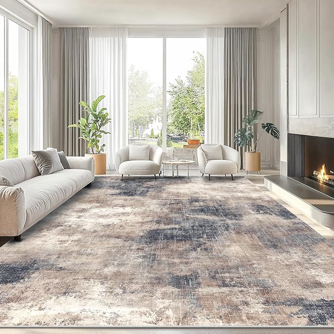 AMADA HOMEFURNISHING 9x12 Area Rugs for Living Room, Modern Large Area Rugs with Non-Slip Backing & Low Pile, Neutral Soft Washable Rug for Nursery, Bedroom, Dinning Room, Playroom, Brown