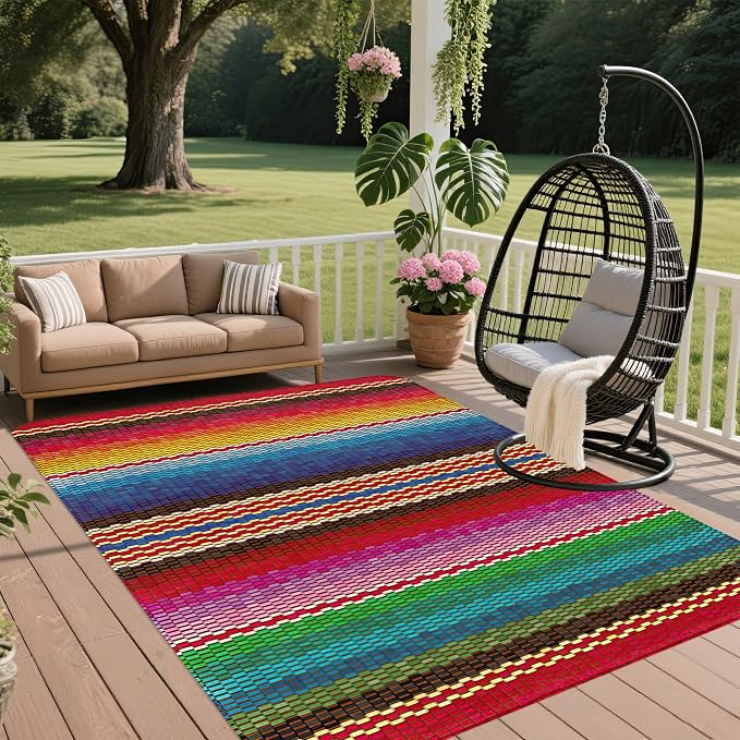 Mexican Ethnic Rug for Living Room 5x7,Boho Rainbow Stripes Machine Washable Area Rug Soft Stain Resistant Floor Large Carpet for Bedroom,Farmhouse,Dining Room,Kids Playroom