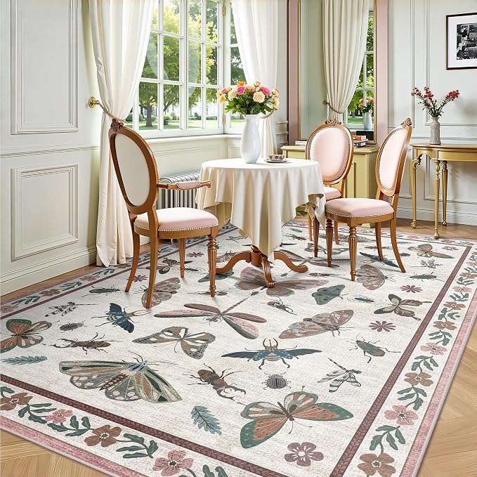 Area Rug 5x7, Insect Ultra Soft Washable Rug Non Slip with Rubber Back, Stain Resistant Rugs for Living Room, Bedroom, Dining Room, Kids Room(Pink Butterfly)