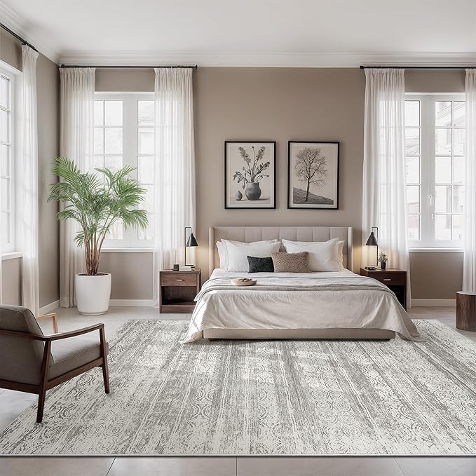 Miukiki 9x12 Area Rug for Living Room, Washable Non Slip Moroccan Rug Grey | Large Soft Rug for Kitchen Bedroom Dining Room Office, Low Pile Indoor Floor Carpet Home Decor 9'x12'