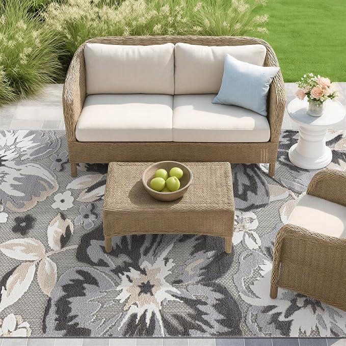 Rugshop Bergamo Contemporary Floral Non-Shedding Easy Cleaning Patio Deck Backyard Indoor/Outdoor Area Rug 5' x 7' Gray