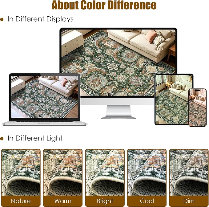 Washable Area Rugs - Perfect for Living Room, Bedroom, Kids Room, Nursery - Stain & Water Resistant Non-Slip, Pet & Child Friendly, Vintage Tribal Area Rugs (Green, 6' x 9')