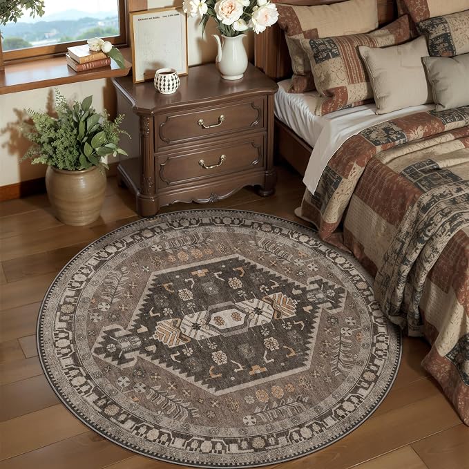 Ciicool 3ft Round Small Area Rug for Entryway,Circle Mat for Dining Room | Washable Soft Non-Slip Low-Pile Oriental Indoor Mat Boho Entry Hazel Carpet for Entryway Bedside Laundry Bathroom