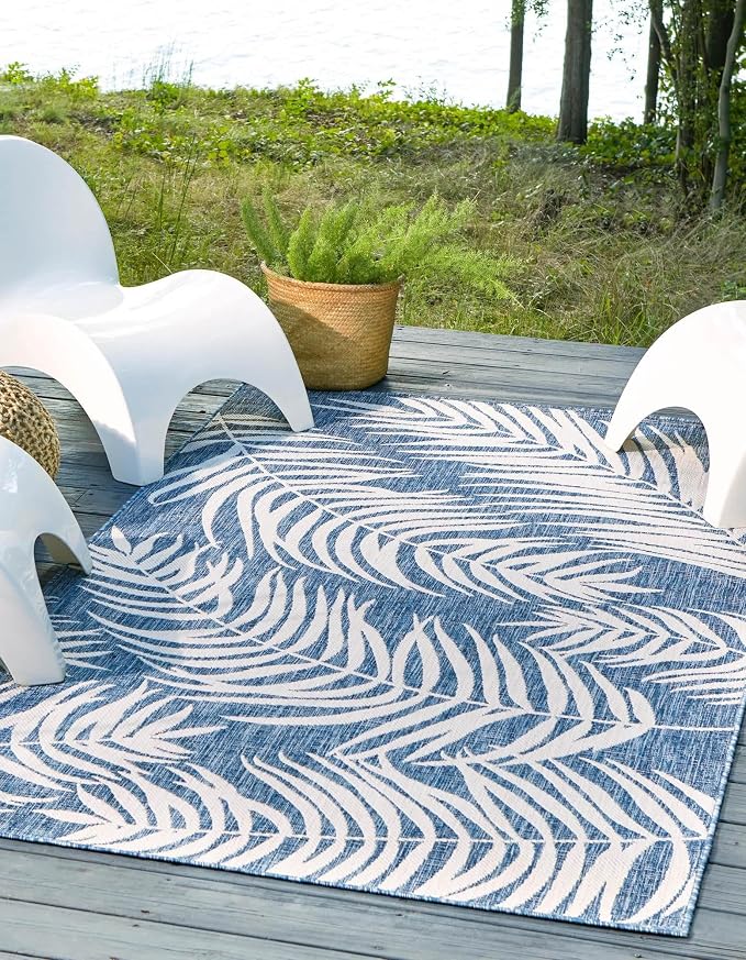 Unique Loom Outdoor Botanical Collection Area Rug - Palm (7' 10" x 11' 4" Rectangle, Blue/ Navy Blue)