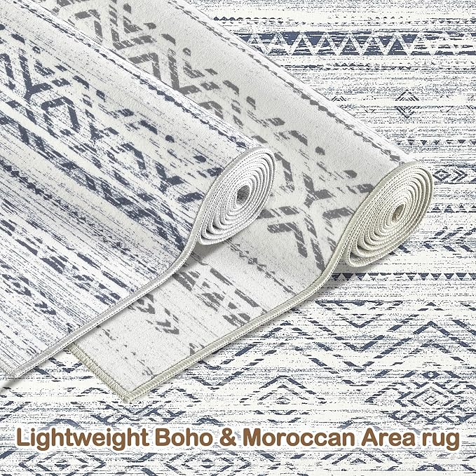 Tortania Area Rug Living Room Rugs- 8x10 Washable Large Soft Neutral Boho Moroccan Bohemian Farmhouse Rug Indoor Floor Carpet for Bedroom Under Dining Table Home Office Decor - Dark Blue