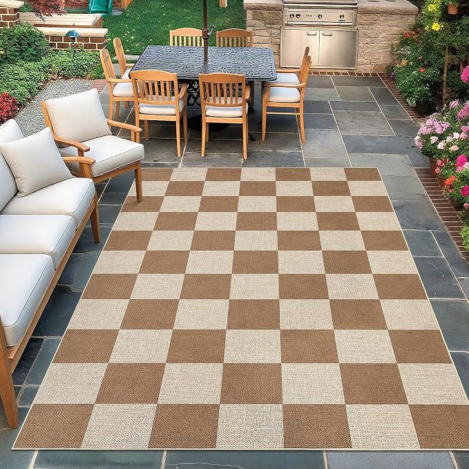 Garvee Easy Jute Outdoor Rug 5x7 Washable Modern Checkered Rugs，Brown | Living Room Non-Slip Farmhouse Checkered Outdoor Mat Neutral Floor Carpet for Bedroom Patio Dining Room Backyard