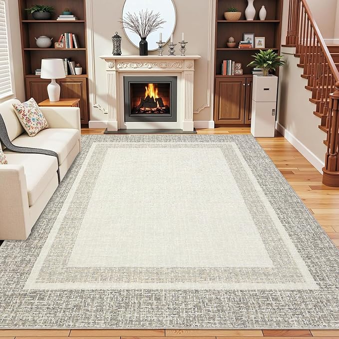 GAOMON 10x13 Area Rugs for Living Room Large Washable Rug Non Slip Modern Bordered Aesthetic Rug Soft Faux Wool Floor Cover Low Pile Foldable Thin Mat for Bedroom Nursery Playroom Home Office Beige