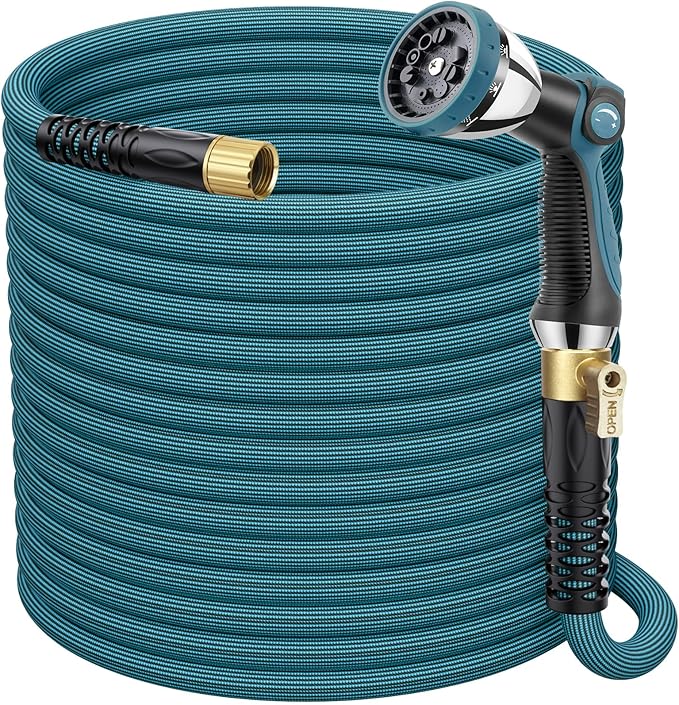 FlexiSolve Garden Hose 25 ft, Non-Expandable Lightweight Water Hose, 360° Swivel Anti-Kink Fittings, 10-Pattern Spray Nozzle & Shut-Off Valve, Flexible Water Hose for Yard, Lawn, Car Wash, Blue
